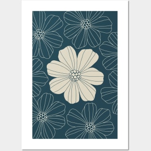 Marsh Mallow Doodle Flower Beige and Navy Blue Posters and Art